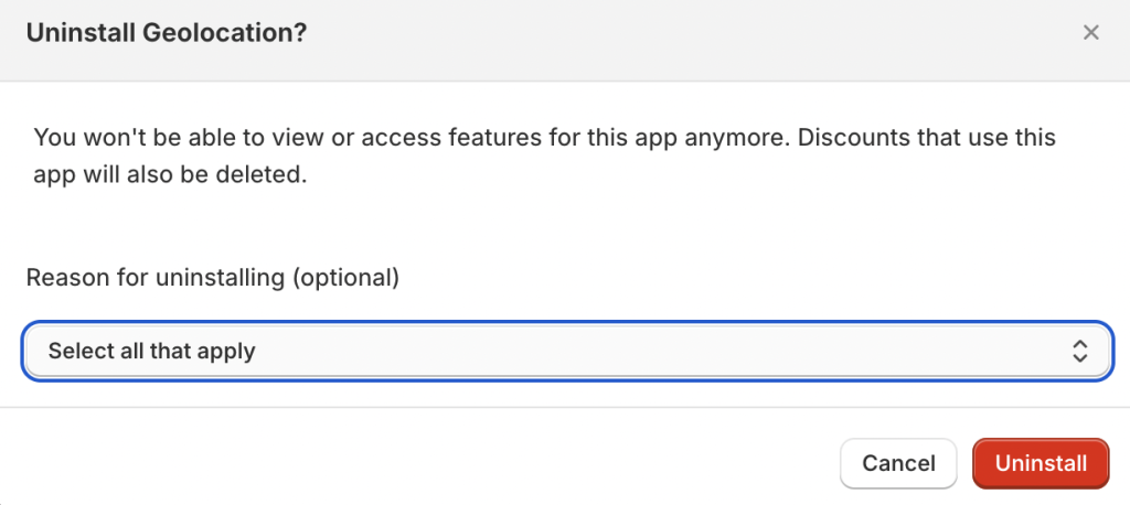Screenshot of the Shopify app uninstall popup, which just contains a "Reason for uninstalling (optional)" dropdown.